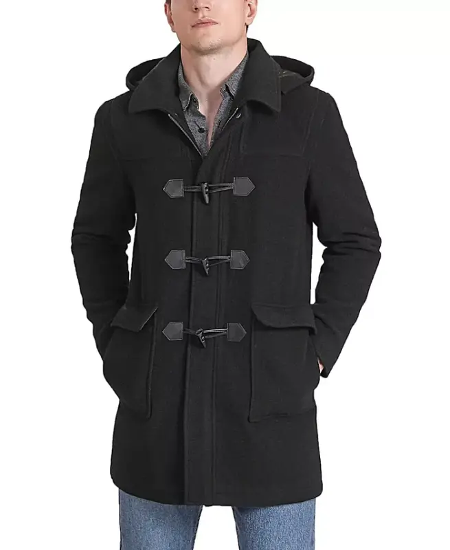 Мужское шерстяное пальто-дафлко на пуговицах, смесь шерсти, черное - LANDING LEATHERS
