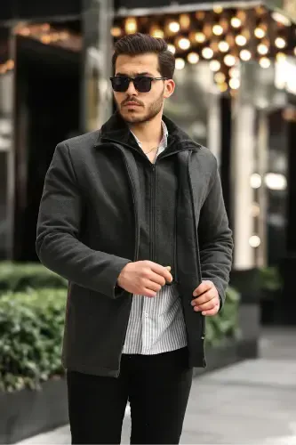 Мужское шерстяное пальто с двойным воротником, меховой отделкой и молнией, на стеганой подкладке - антрацит. - GM GIYIMARKET (1)