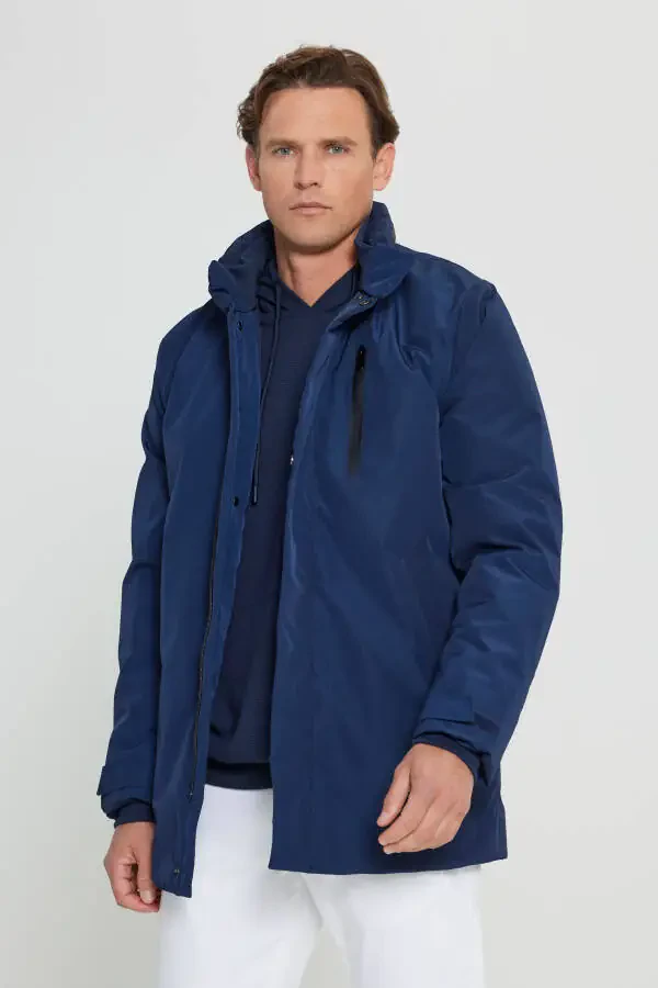 Мужское синее пальто с капюшоном стандартной посадки, обычного кроя, со съемным капюшоном, термометром для измерения температуры тела - 1