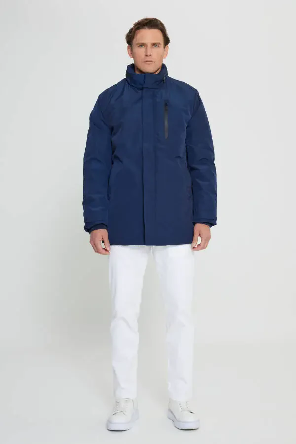 Мужское синее пальто с капюшоном стандартной посадки, обычного кроя, со съемным капюшоном, термометром для измерения температуры тела - 2