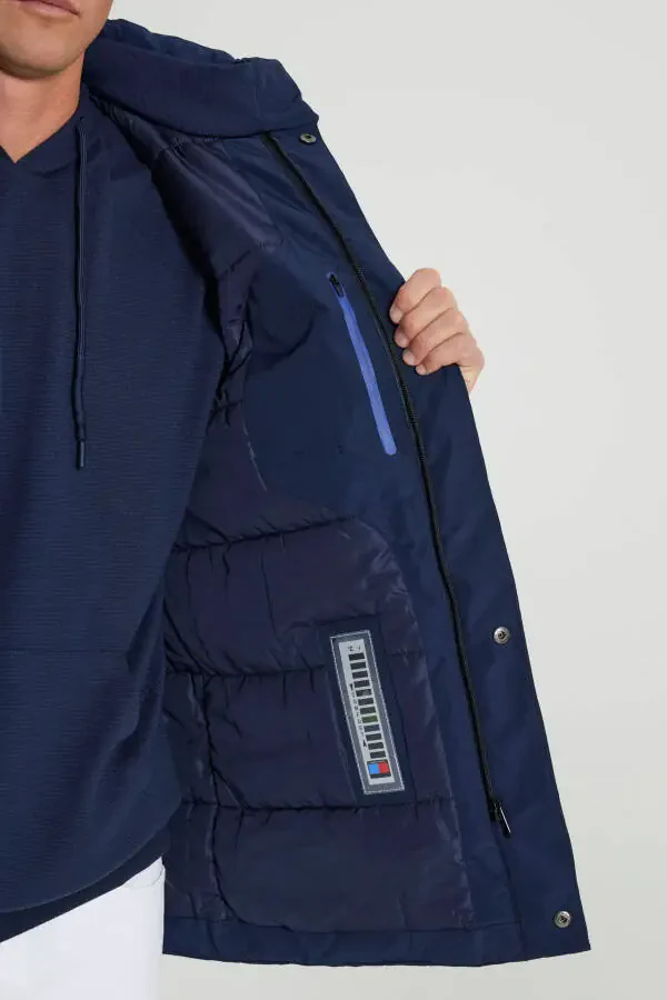 Мужское синее пальто с капюшоном стандартной посадки, обычного кроя, со съемным капюшоном, термометром для измерения температуры тела - 5