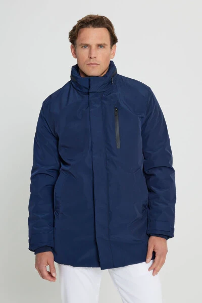 Мужское синее пальто с капюшоном стандартной посадки, обычного кроя, со съемным капюшоном, термометром для измерения температуры тела - 7