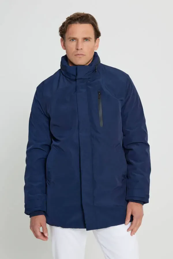 Мужское синее пальто с капюшоном стандартной посадки, обычного кроя, со съемным капюшоном, термометром для измерения температуры тела - 7