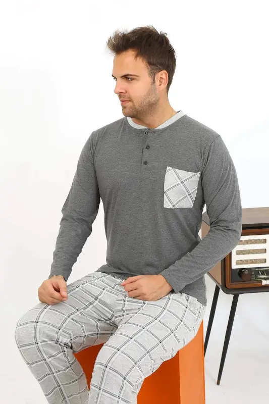 Мужской антрацитовый хлопковый пижамный комплект Angelino с длинными рукавами 6861 - 6