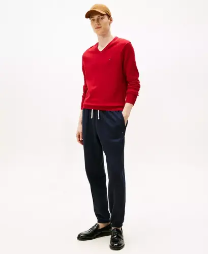 Мужской базовый хлопковый джемпер с V-образным вырезом — средне-красный - 4
