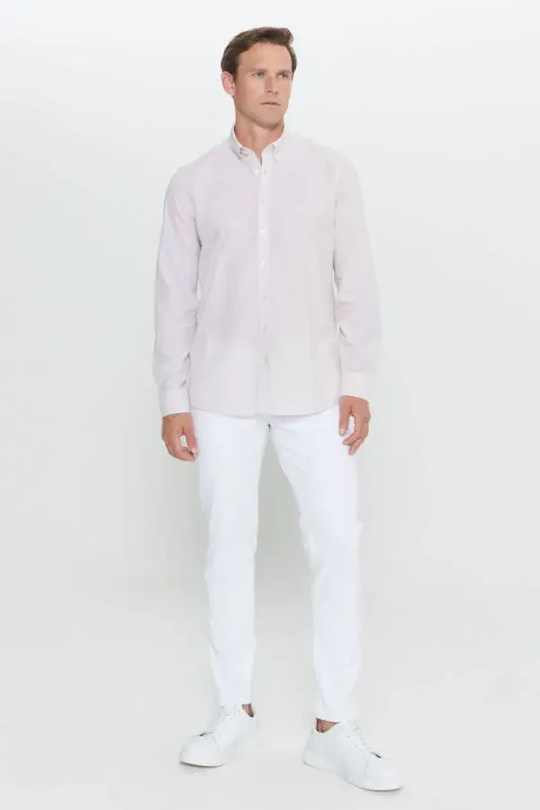 Мужской Бело-Бежевый Slim Fit Узкий Крой Застежка На Пуговицах Воротник %1 - 2