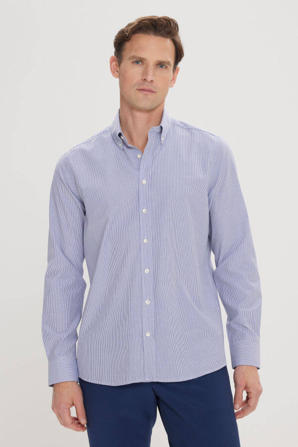 Мужской Бело-Синий Slim Fit Узкий Крой Воротник на Пуговицах Ч - 1