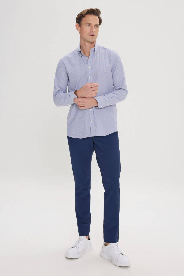 Мужской Бело-Синий Slim Fit Узкий Крой Воротник на Пуговицах Ч - 2