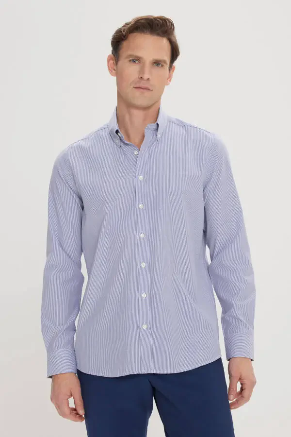 Мужской Бело-Синий Slim Fit Узкий Крой Воротник на Пуговицах Ч - 1