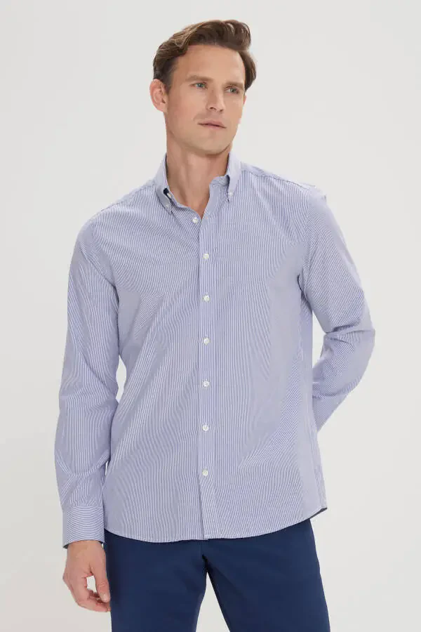 Мужской Бело-Синий Slim Fit Узкий Крой Воротник на Пуговицах Ч - 3