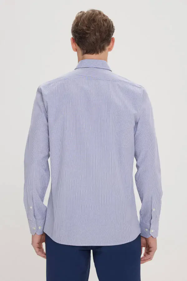 Мужской Бело-Синий Slim Fit Узкий Крой Воротник на Пуговицах Ч - 5