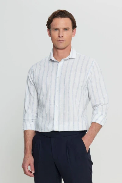 Мужской Бело-Синий Хлопковый Льняной Comfort Fit Рах - 3