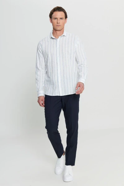 Мужской Бело-Синий Хлопковый Льняной Comfort Fit Рах - 4