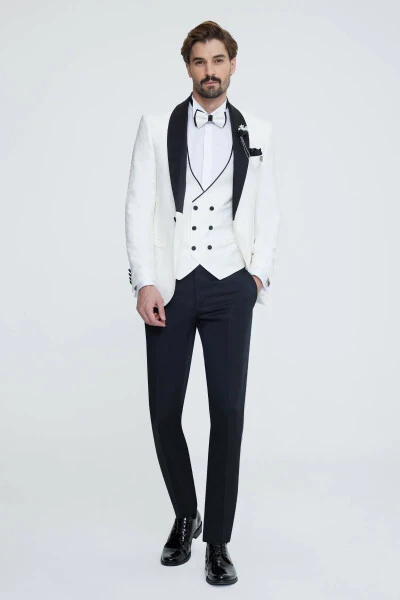 Мужской белый костюм для жениха Slim Fit с воротником-шалью и рисунком - YSF