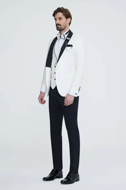 Мужской белый костюм для жениха Slim Fit с воротником-шалью и рисунком - 2