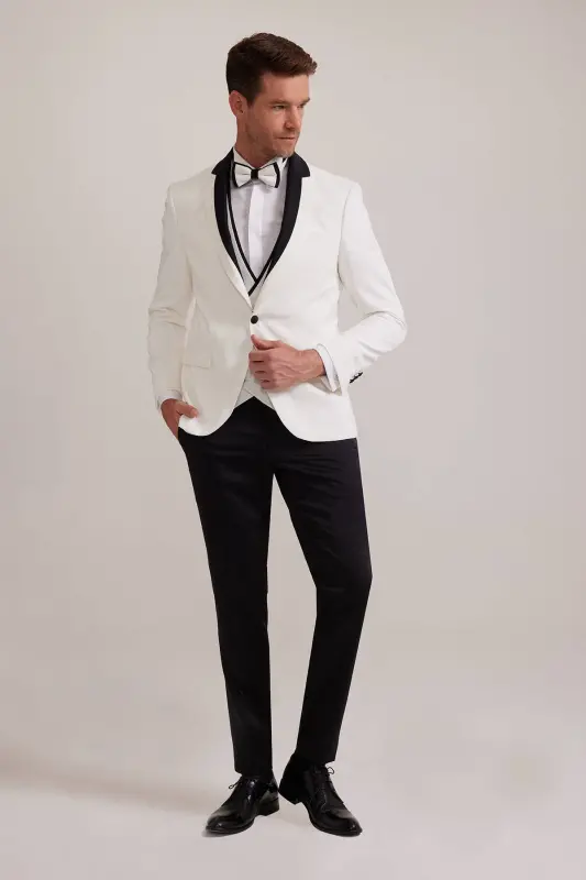 Мужской белый смокинг с отложным воротником Slim Fit - 2