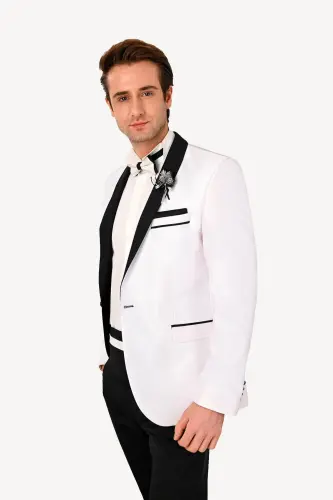 Мужской белый смокинг с шалевым воротником Slim Fit - 3