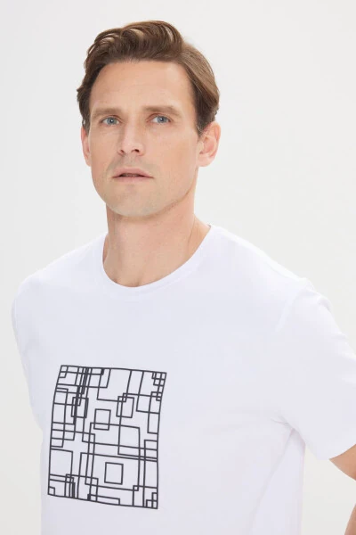 Мужской белый хлопковый slim fit, обтягивающий, эластичный принт - 3