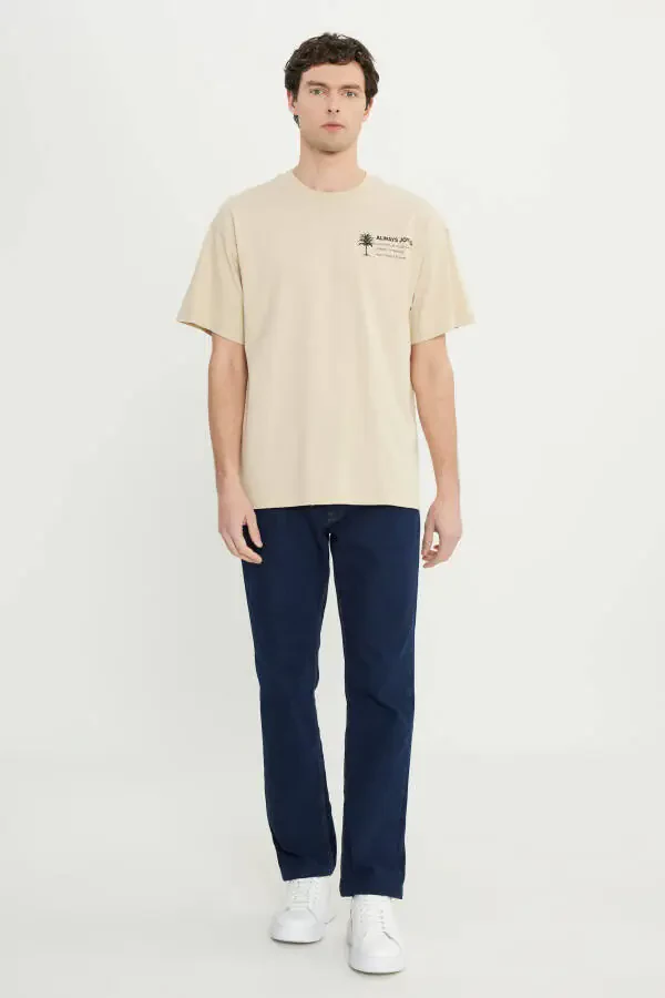 Мужской бежевый 100% хлопковый оверсайз свободный крой свитшот - 2