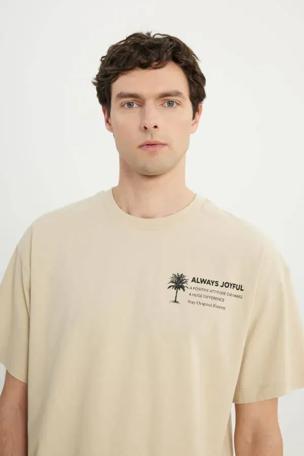 Мужской бежевый 100% хлопковый оверсайз свободный крой свитшот - 4