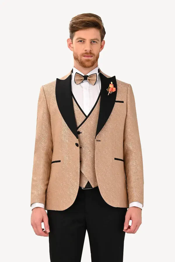 Мужской бежевый смокинг Slim Fit с ласточкиным воротником в узор - 11