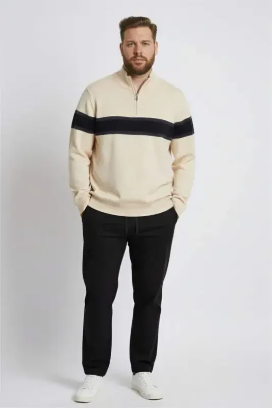 Мужской бежевый стандартный крой, обычная посадка, водолазка на молнии, полосатый трикотажный свитер - песок - 2