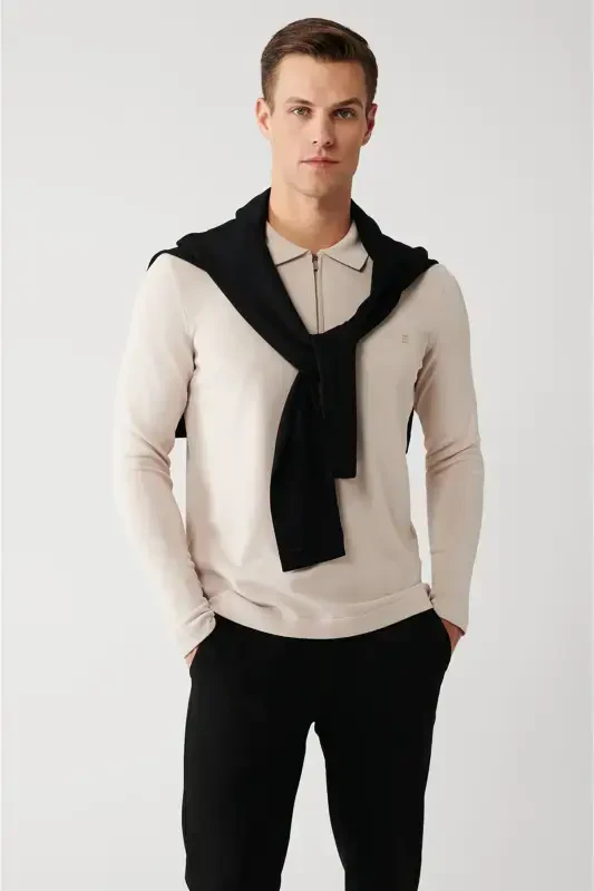 Мужской бежевый трикотажный свитер поло - AVVA