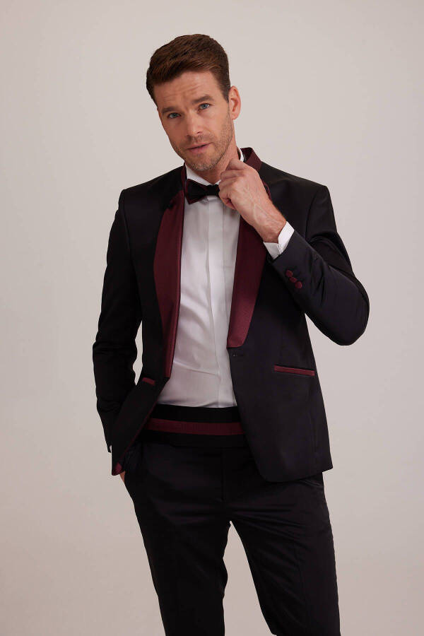 Мужской бордовый черный костюм жениха с узким кроем и воротником-шалью - 12