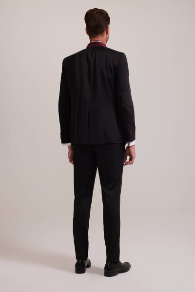 Мужской бордовый черный костюм жениха с узким кроем и воротником-шалью - 16