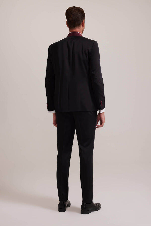 Мужской бордовый черный костюм жениха с узким кроем и воротником-шалью - 16