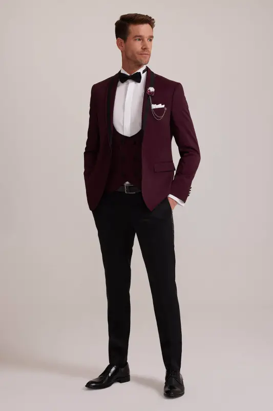 Мужской бордовый смокинг с отложным воротником Slim Fit - 2