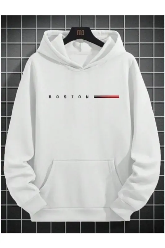 Мужской BOSTON = Толстовка оверсайз с капюшоном и принтом - белая - 3