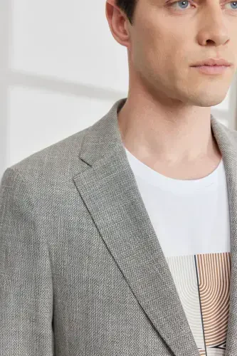 Мужской черно-бежевый блейзер Comfort Fit свободного кроя с узорчатым воротником-стойкой - черный - 5