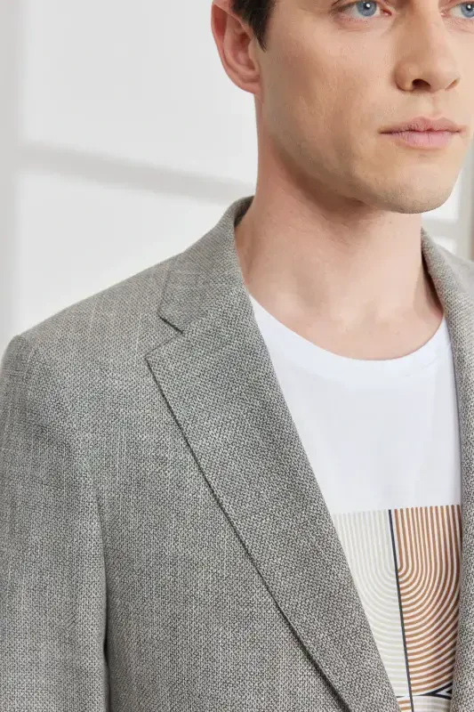 Мужской черно-бежевый блейзер Comfort Fit свободного кроя с узорчатым воротником-стойкой - черный - 5