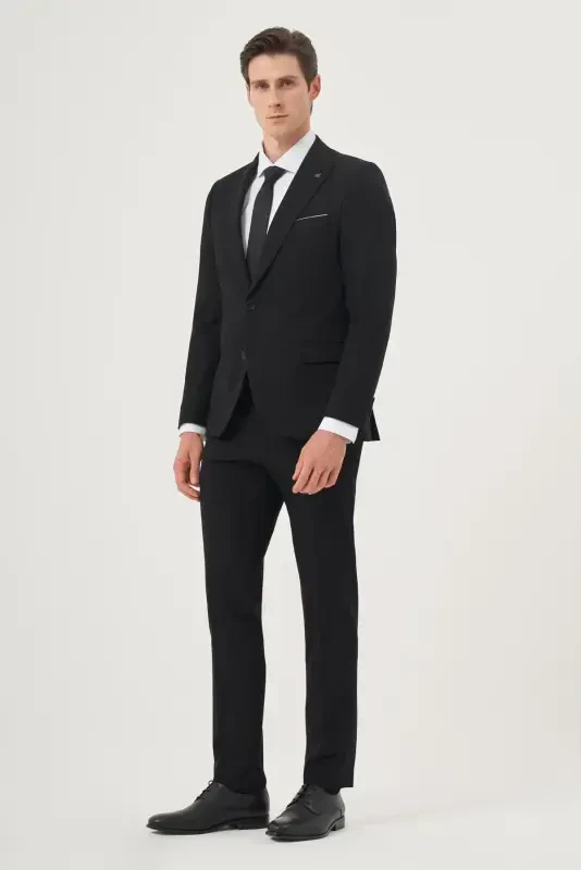 Мужской Черный Базовый Прямой Slim Fit Узкий 6 Drop Костюм - 3