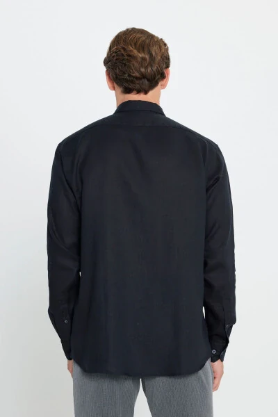 Мужской Черный Comfort Fit Свободный Крой 100% Лен Пуговица - 5