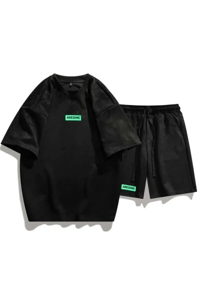 Мужской черный костюм оверсайз с принтом Awesome - PALPİTO