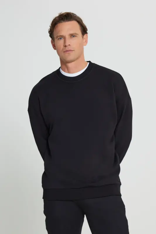 Мужской Черный Оверсайз Свободного Кроя 3-х Нитка Круглый Вырез Хлопковый Свитшот - Черный - 4