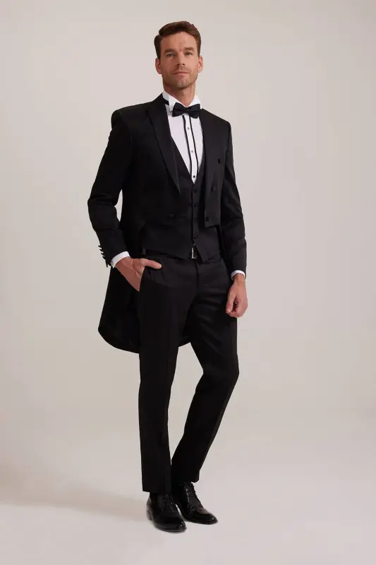 Мужской черный смокинг Slim Fit Frag с ласточкиным воротником - YSF