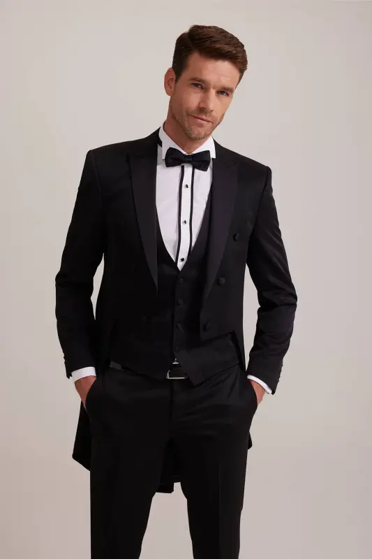 Мужской черный смокинг Slim Fit Frag с ласточкиным воротником - 4
