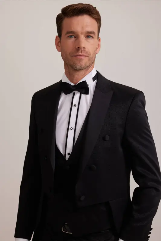 Мужской черный смокинг Slim Fit Frag с ласточкиным воротником - 5