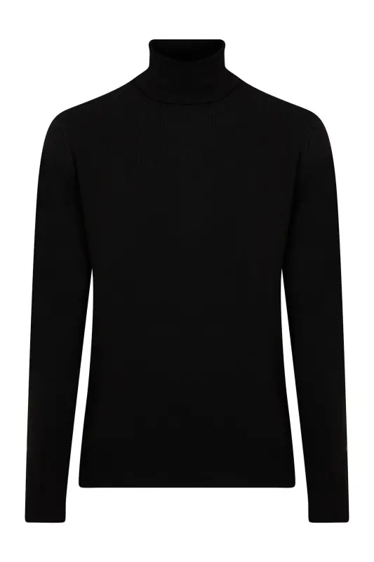 Мужской Черный Трикотажный Свитер с Горлом-Стойкой Regular Fit-S - 7