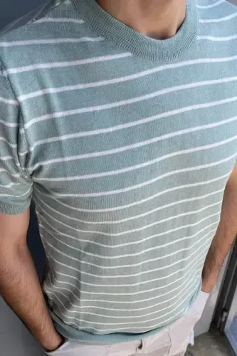 Мужской цвет морской волны короткий рукав в рубчик акрил-хлопок трикотажный T-Shirt-цвет морской волны - 1