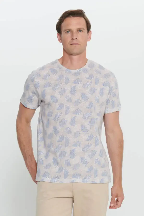 Мужской Экрю Меланж Slim Fit Узкий Крой Круглый Вырез - 1