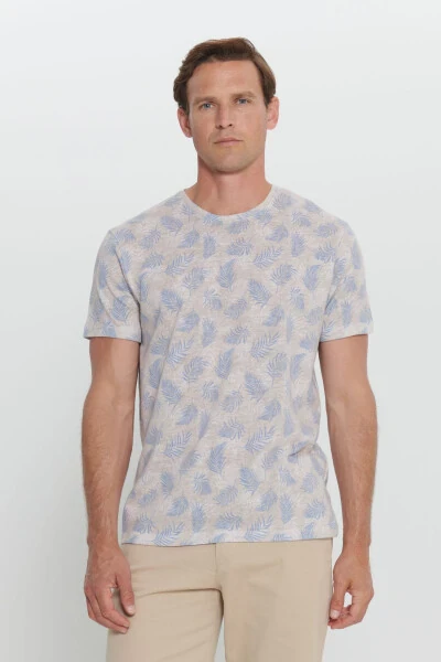 Мужской Экрю Меланж Slim Fit Узкий Крой Круглый Вырез - 4