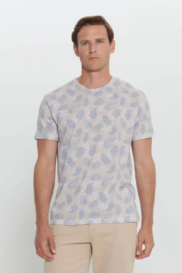 Мужской Экрю Меланж Slim Fit Узкий Крой Круглый Вырез - 4