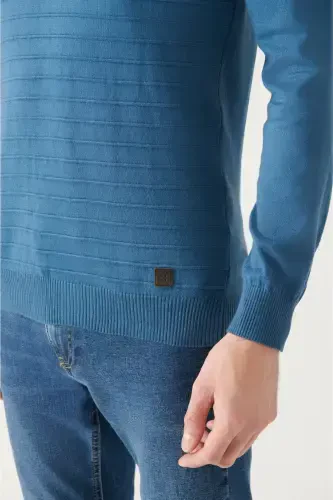 Мужской Индиго Велосипедный Воротник Хлопковый Трикотажный Свитер A22y5074-Индиго - 2