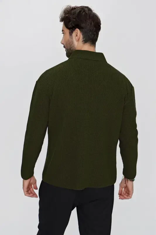 Мужской кардиган крупной вязки хаки Regular Fit 23w208-Haki - 4