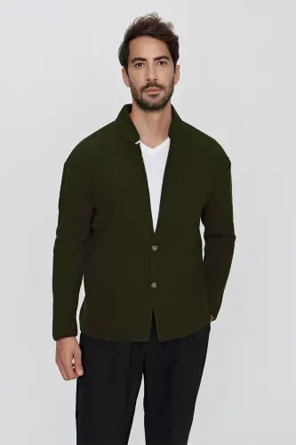 Мужской кардиган крупной вязки хаки Regular Fit 23w208-Haki - 3
