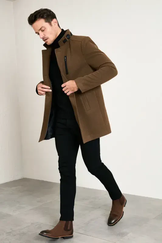 Мужской кашемировый плащ с воротником-стойкой на пуговицах Slim Fit - 1